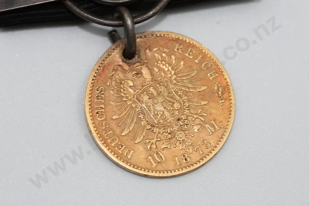 German Reich 10 Mark 1873 Gold Coin on Ribbon Fob Image 1++