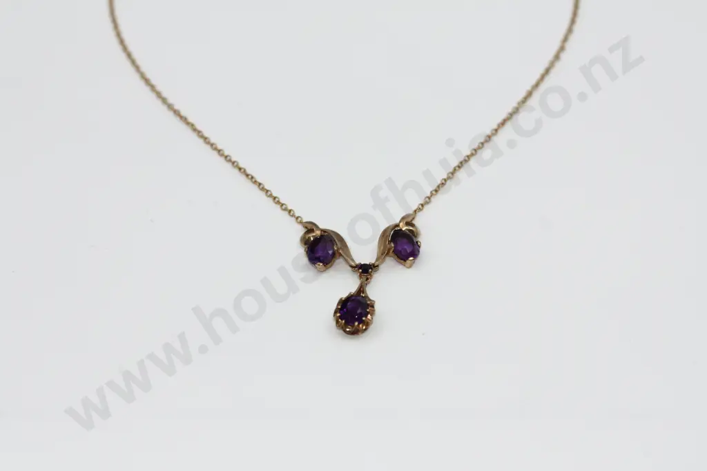 Edwardian Style Drop Amethyst Necklace 9ct Gold Image 1++