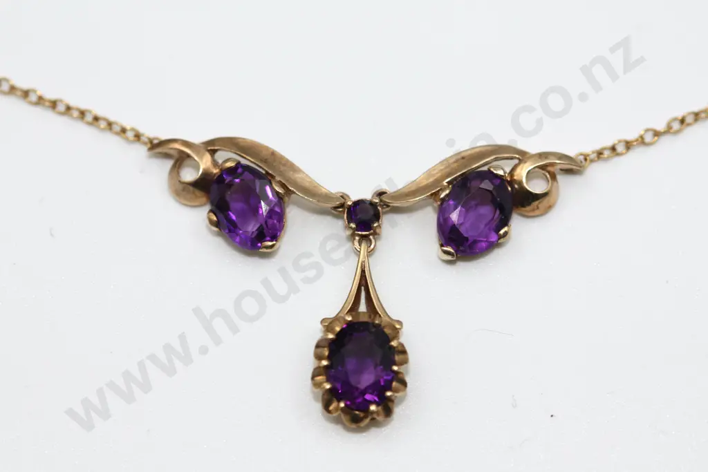 Edwardian Style Drop Amethyst Necklace 9ct Gold Image 1++