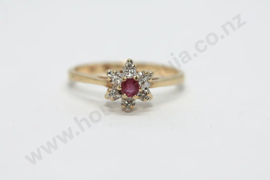 Ruby & Diamond Cluster Ring in 14ct Yellow Gold Image 1++