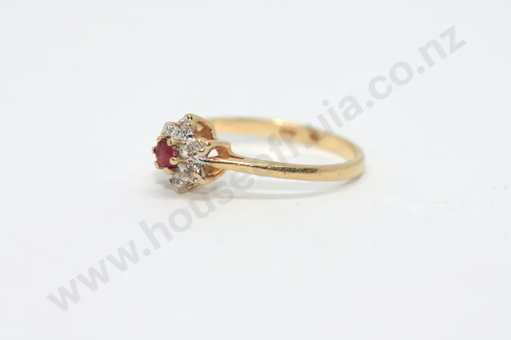 Ruby & Diamond Cluster Ring in 14ct Yellow Gold Image 1++