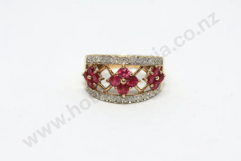 Gold Tri-Cluster Red Gem & Diamond Ring in 9ct Gold Image 1++