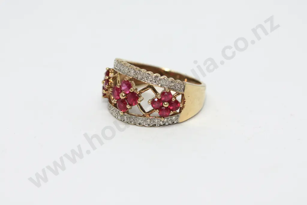 Gold Tri-Cluster Red Gem & Diamond Ring in 9ct Gold Image 1++