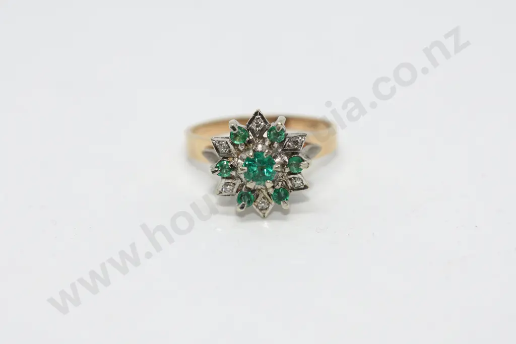 Emerald Star Burst Ring with Diamonds in 9ct Yellow Gold Image 1++