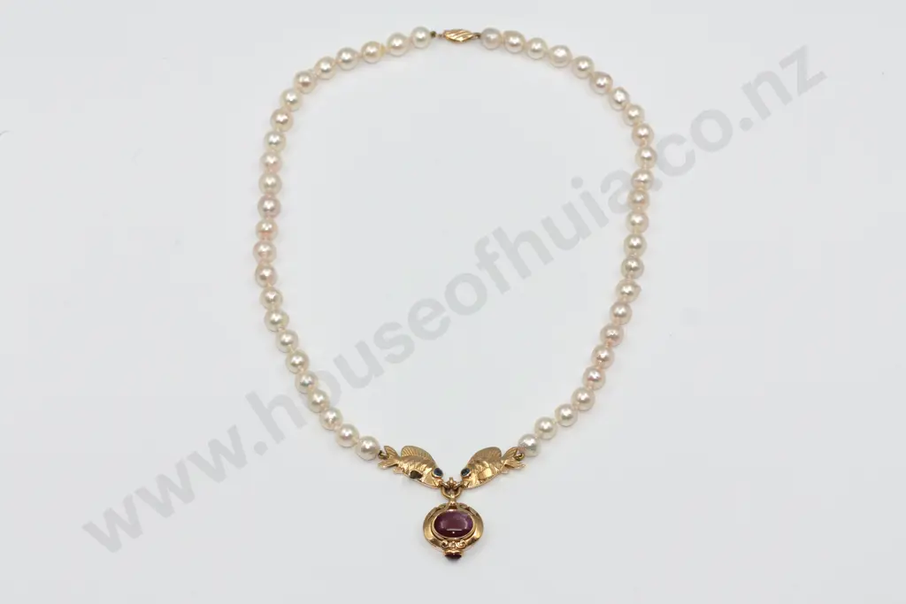Curtis 18ct Gold Pearl Fish & Ruby Necklace Image 1++