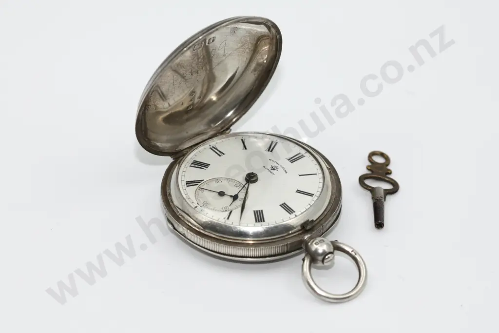1908 Sterling Silver Barrel lever Pocket Watch w Key Image 1++