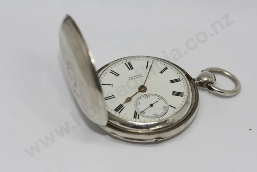 1912 Moyes Nelson Sterling Silver Pocket Watch w Key Image 1++