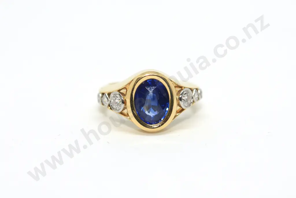 Bezel Set Sapphire & Diamond Ring in 18ct Gold Image 1++