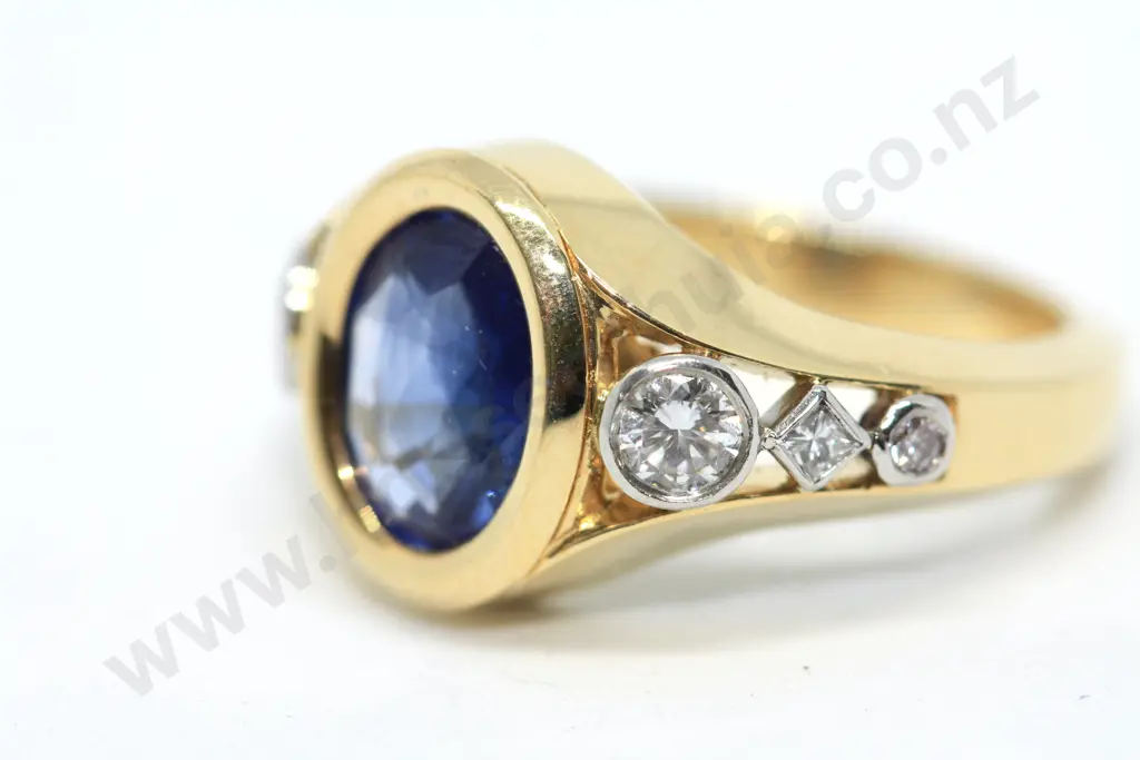 Bezel Set Sapphire & Diamond Ring in 18ct Gold Image 1++