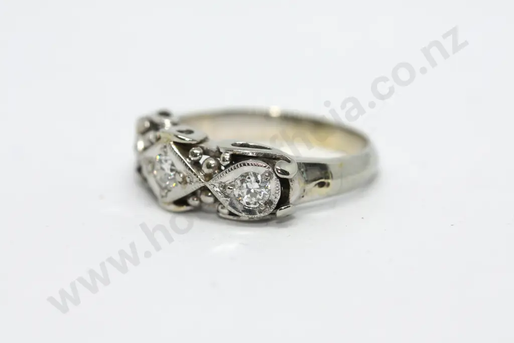 Antique 3 Diamond Platinum Ornate Ring Image 1++
