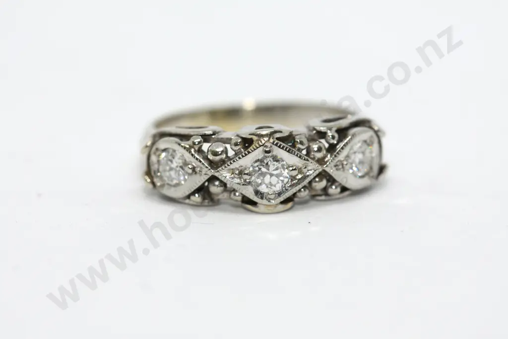 Antique 3 Diamond Platinum Ornate Ring Image 1++