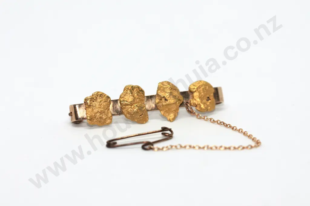 Four Gold Nugget Colonial Gold Mining Brooch on 9ct Gold Back Image 1++