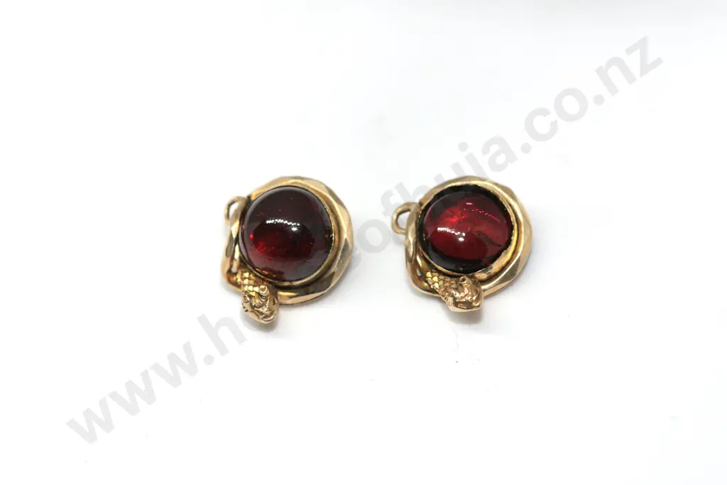 Antique 9ct Gold Snake & Garnet Stud Earrings Image 1++