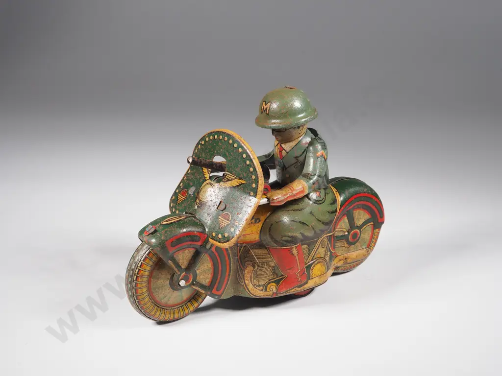 Vintage Mechanical Japanese Tin-Plate Military Policeman on Motorcycle Image 1++