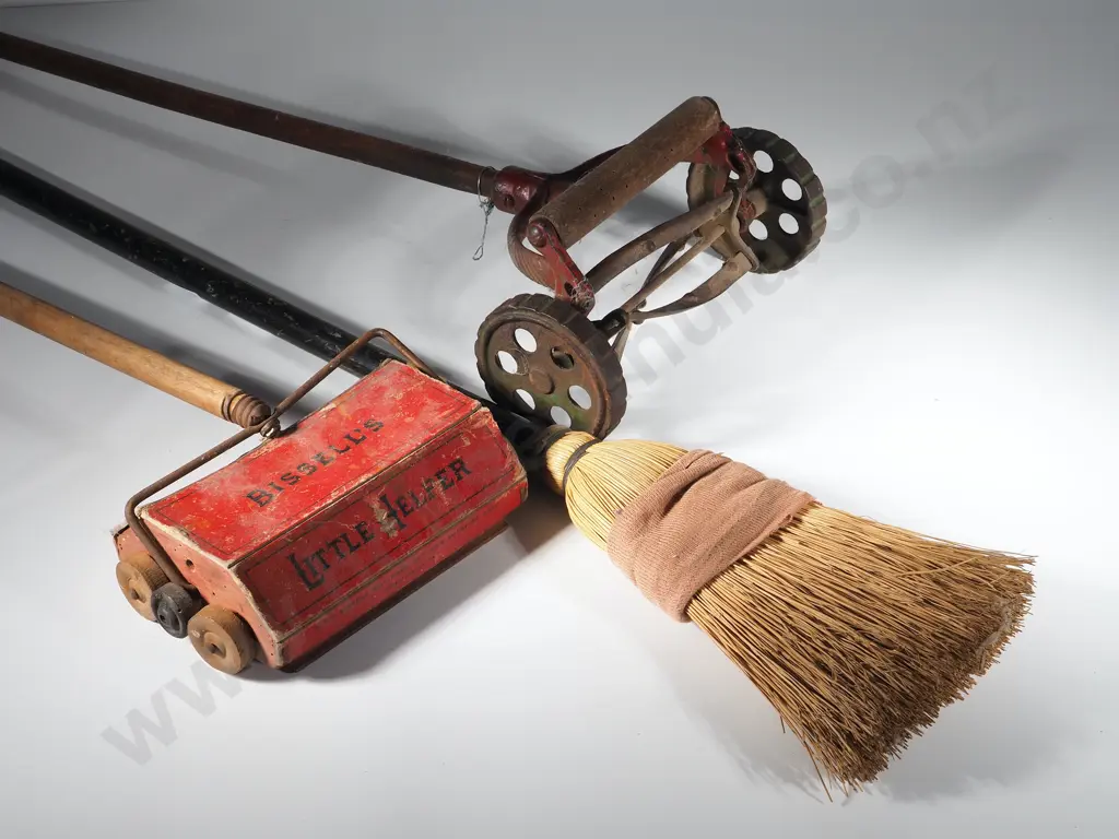 Lot of Three  Vintage Life Size Replica Children's Tools: Carpet Sweeper/Broom/Lawnmower Image 1++