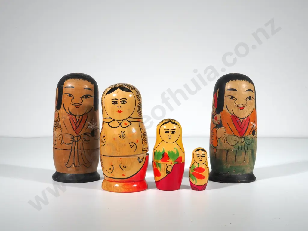Three Antique Wooden Nested Russian Dolls (One Oriental) Image 1++