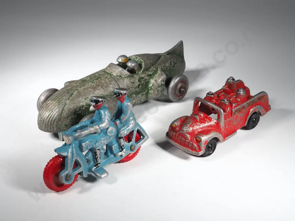 Three Vintage New Zealand Sand-Cast Toy Vehicles, Including Racing Car & Motorbike Image 1++