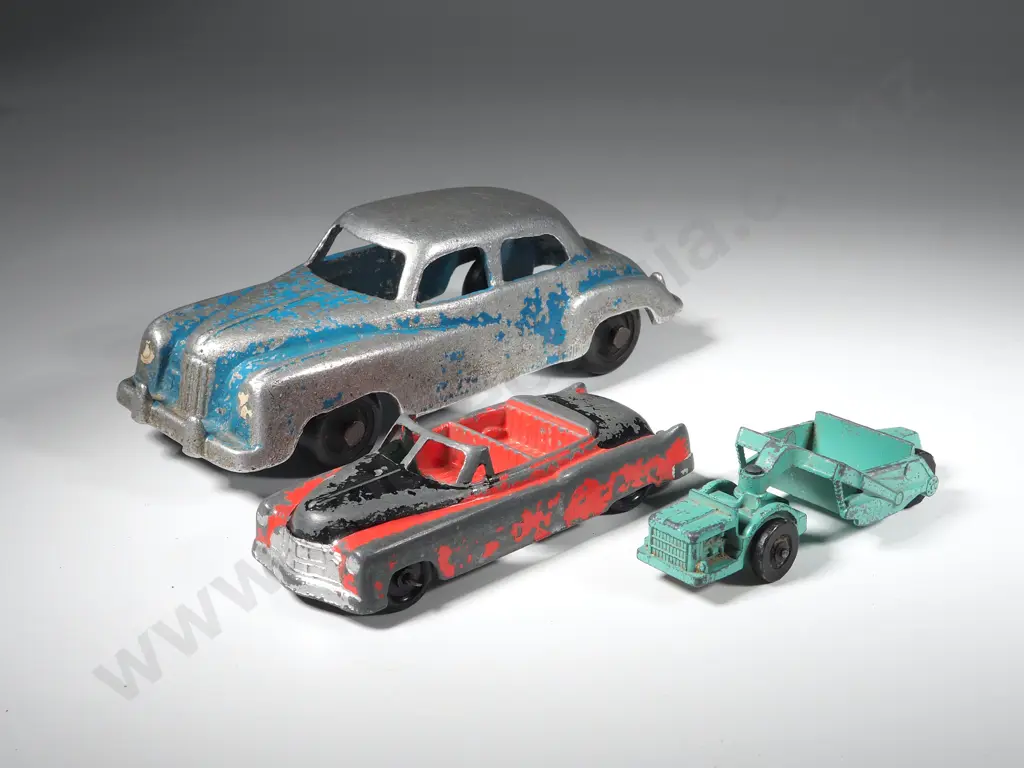 Three Vintage Vehicles: Fun Ho Sand-Cast Car; Fun Ho Die-Cast Tractor; Brentware Die-Cast Car Image 1++