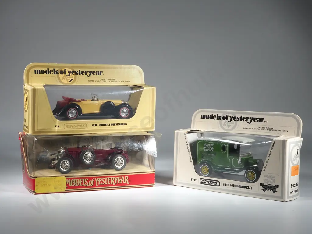 Three Matchbox Models of Yesteryear: Y-12/45 1912 Ford T; Y4 Dusenberg; Y2-C 1930 4.5 Lt. Supercharged Bentley Image 1++