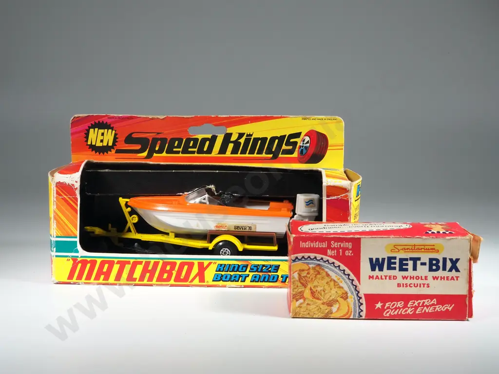 SpeedKings Boxed Matchbox Boat & Trailer & Empty Vintage Weet Bix single serving box Image 1++