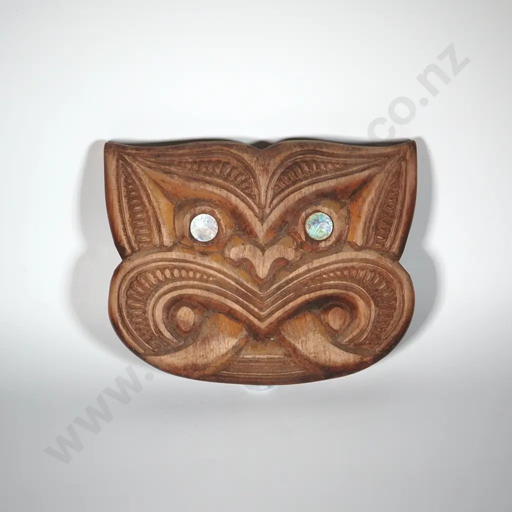 Vintage Maori Wood Carved Face With Paua Shell Eyes  Image 1++