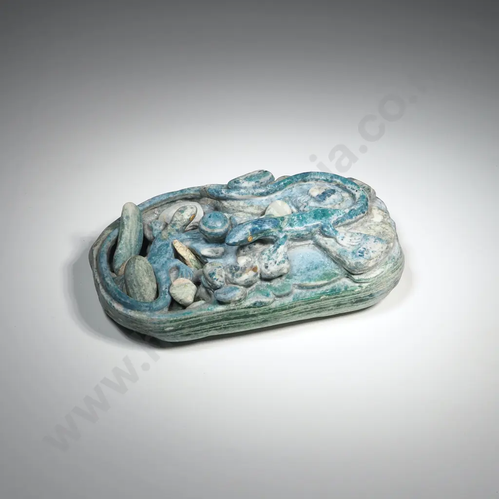 Seth Heron Carved Aotea Lizards with Gold Eyes with Ten Small Aotea Pebbles. 175 x 110 x 55 mm Image 1++