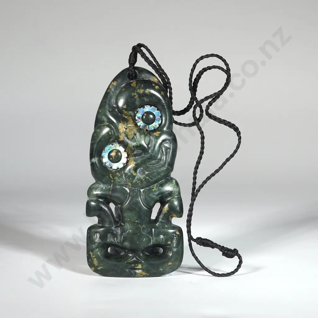 Pounamu Hei Tiki With Plaited Cord. 120 x 55 x 15mm  Image 1++