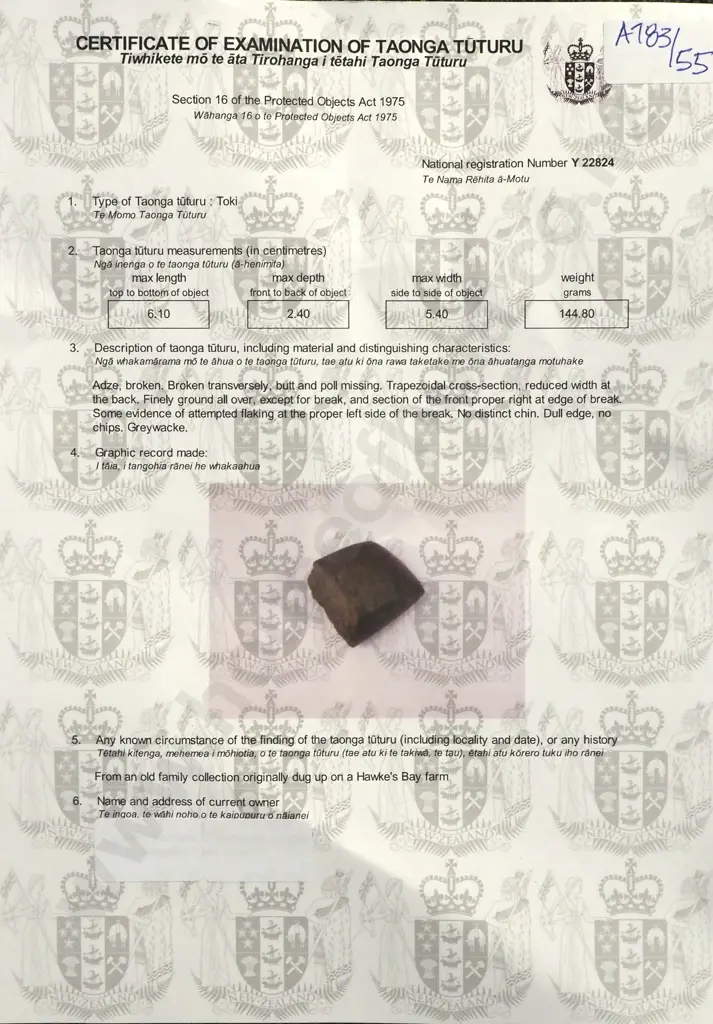 Pre-European Stone Toki - Found in the Hawkes bay	Y22824 Image 1++