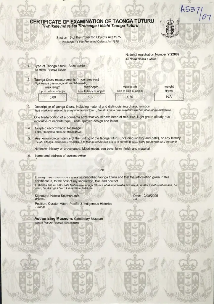 Pre-European Portion of a Pounamu Toki Y22889 Image 1++