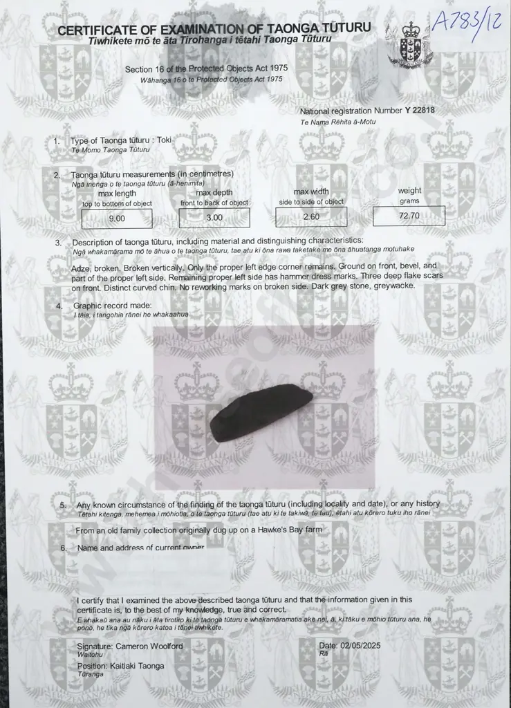 Pre-European Stone Toki - Found in the Hawkes bay - Broken Y-22818 Image 1++