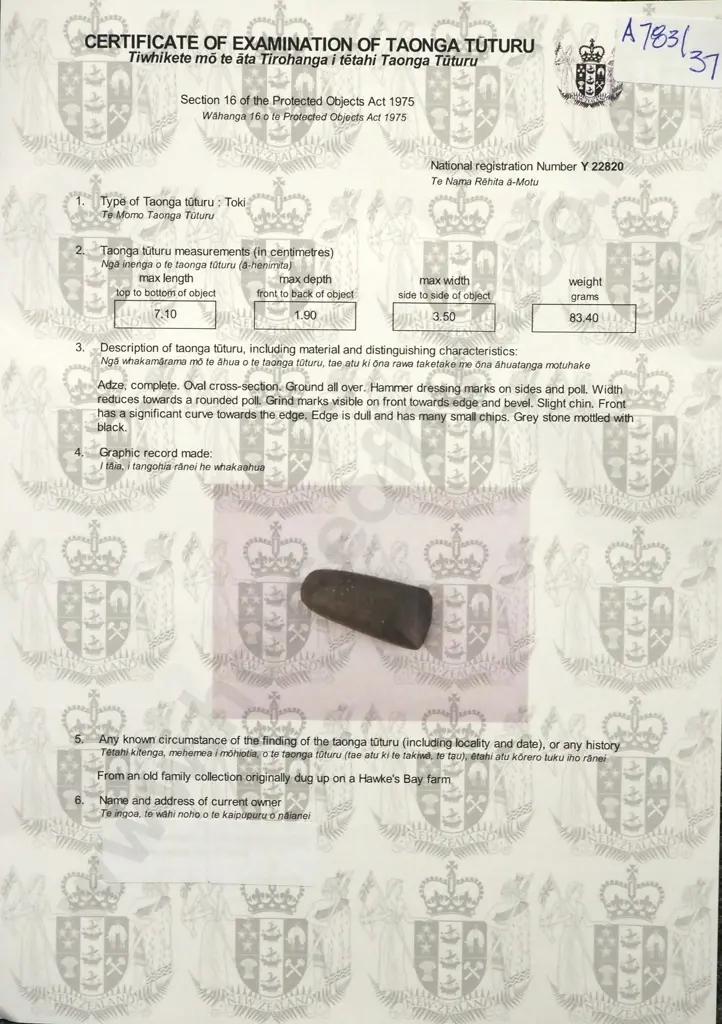 Pre-European Stone Toki - Found in the Hawkes Bay Y-22820 Image 1++