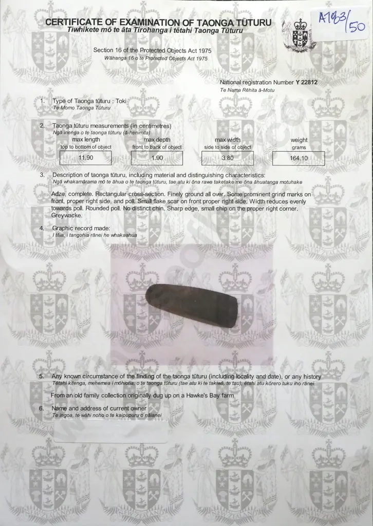 Pre-European Stone Toki - Found in the Hawkes bay Y-22812 Image 1++