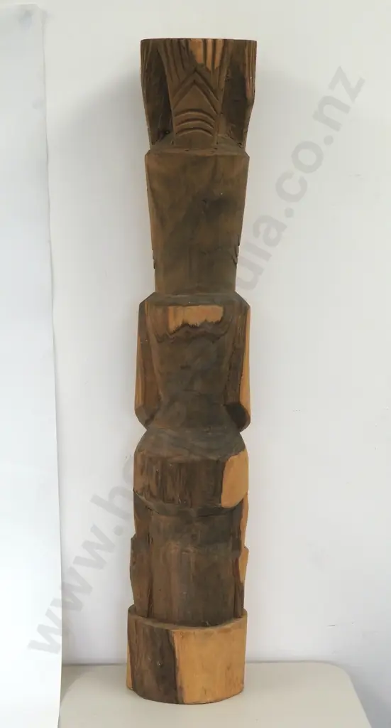 Wooden Tiki Statue with Carved Face & Body.  Image 1++