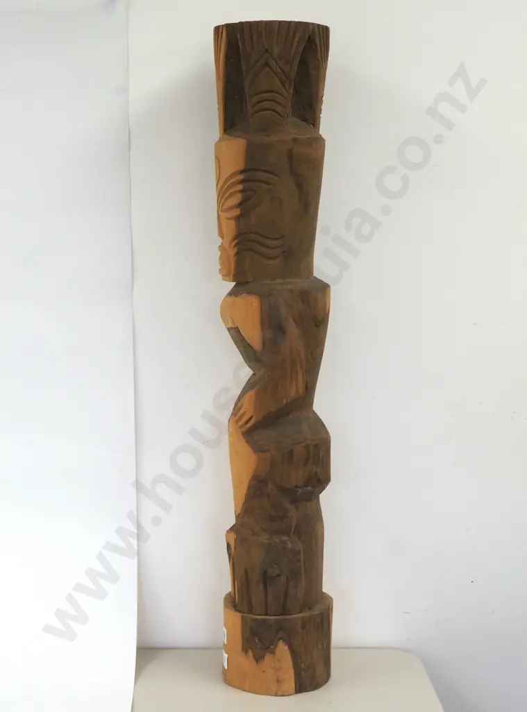 Wooden Tiki Statue with Carved Face & Body.  Image 1++