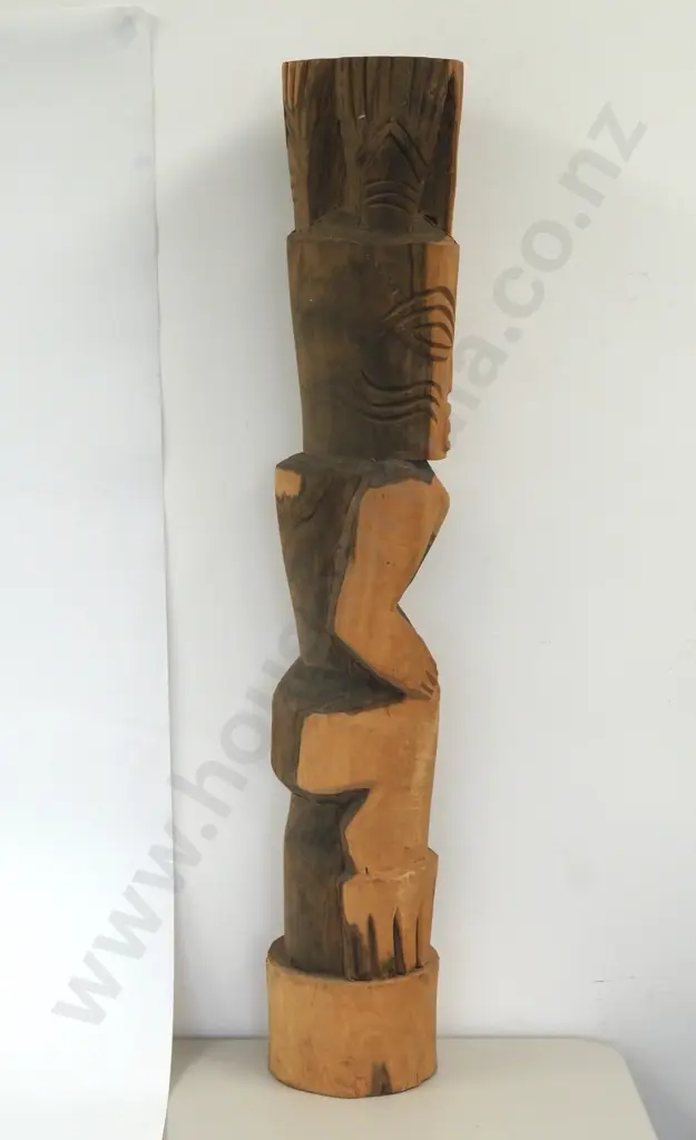 Wooden Tiki Statue with Carved Face & Body.  Image 1++