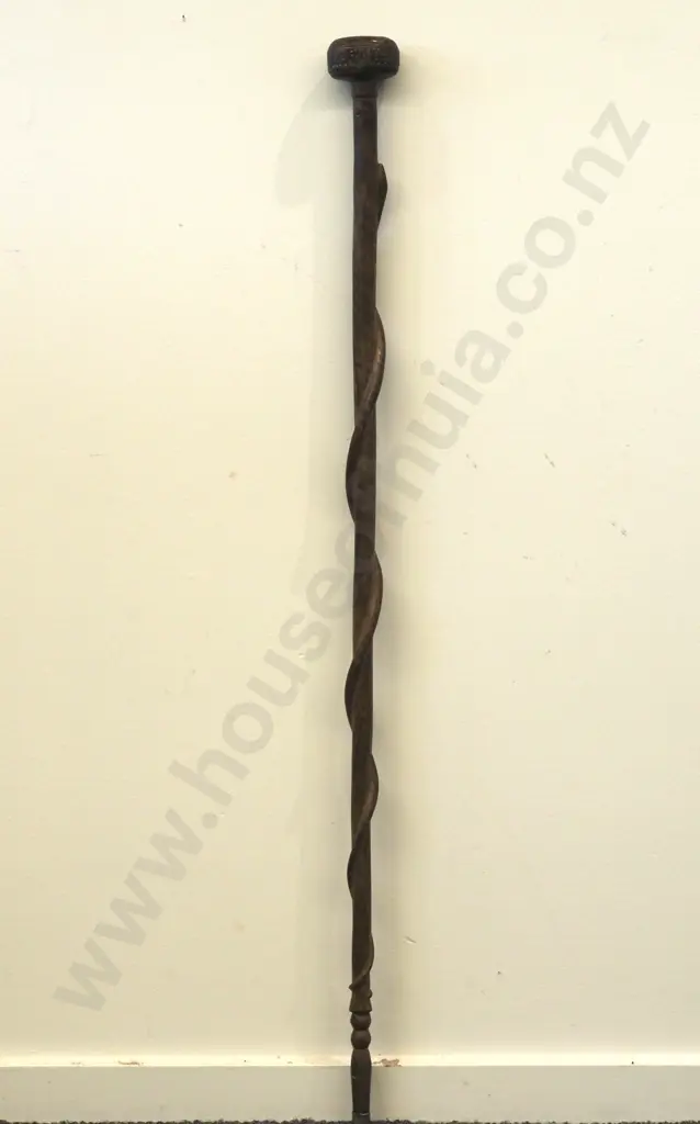 A Carved Walking Stick Featuring A Carved Snake Running Down The Length Of The Stick. The Top With Inset Metal Initials. Image 1++