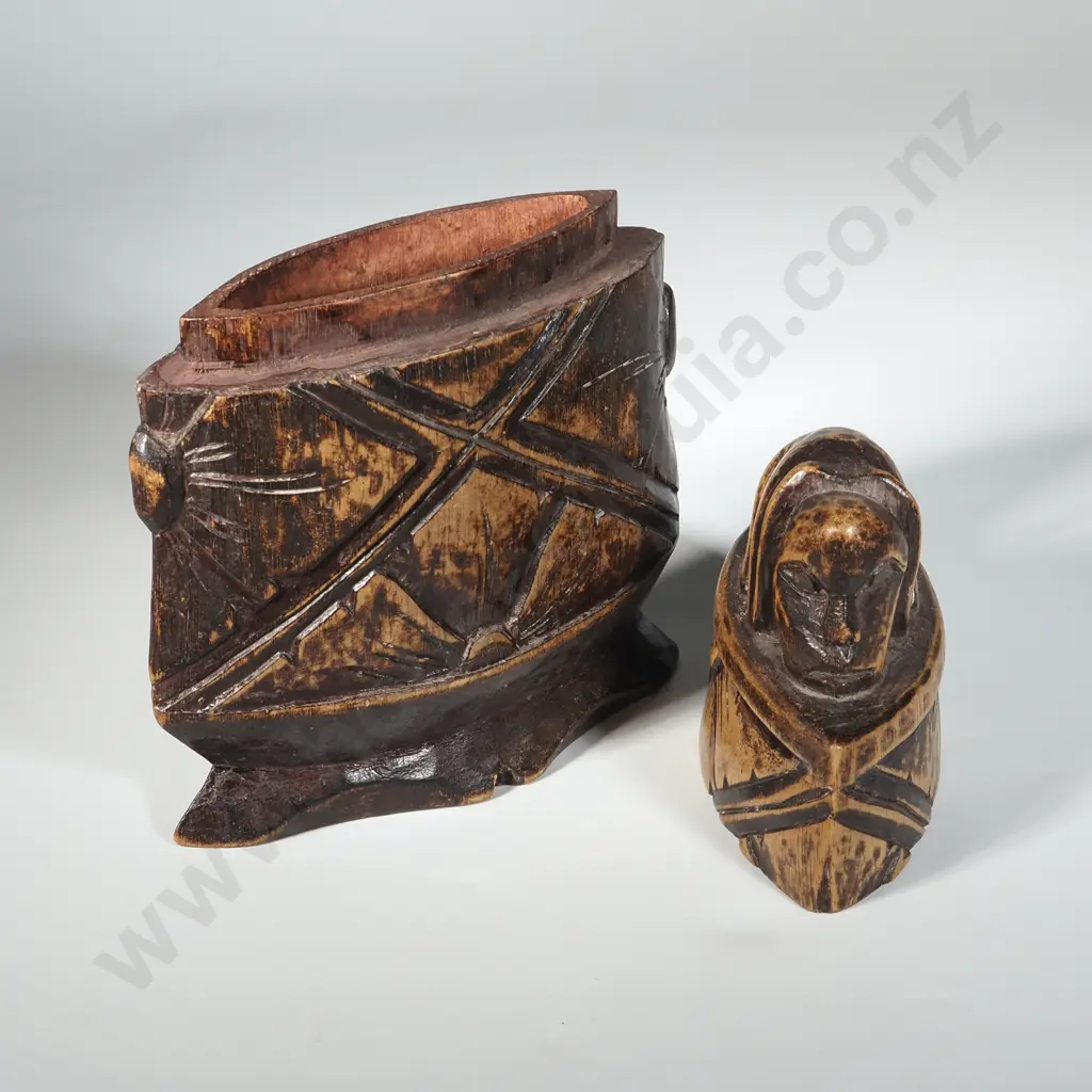 Vintage Hard Carved Wooden Storage Box With Crouching Figure Handle. Possibly Indonesian & For Medicine Image 1++