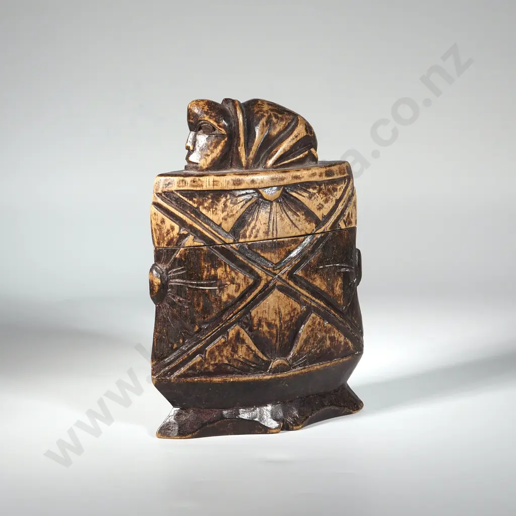 Vintage Hard Carved Wooden Storage Box With Crouching Figure Handle. Possibly Indonesian & For Medicine Image 1++
