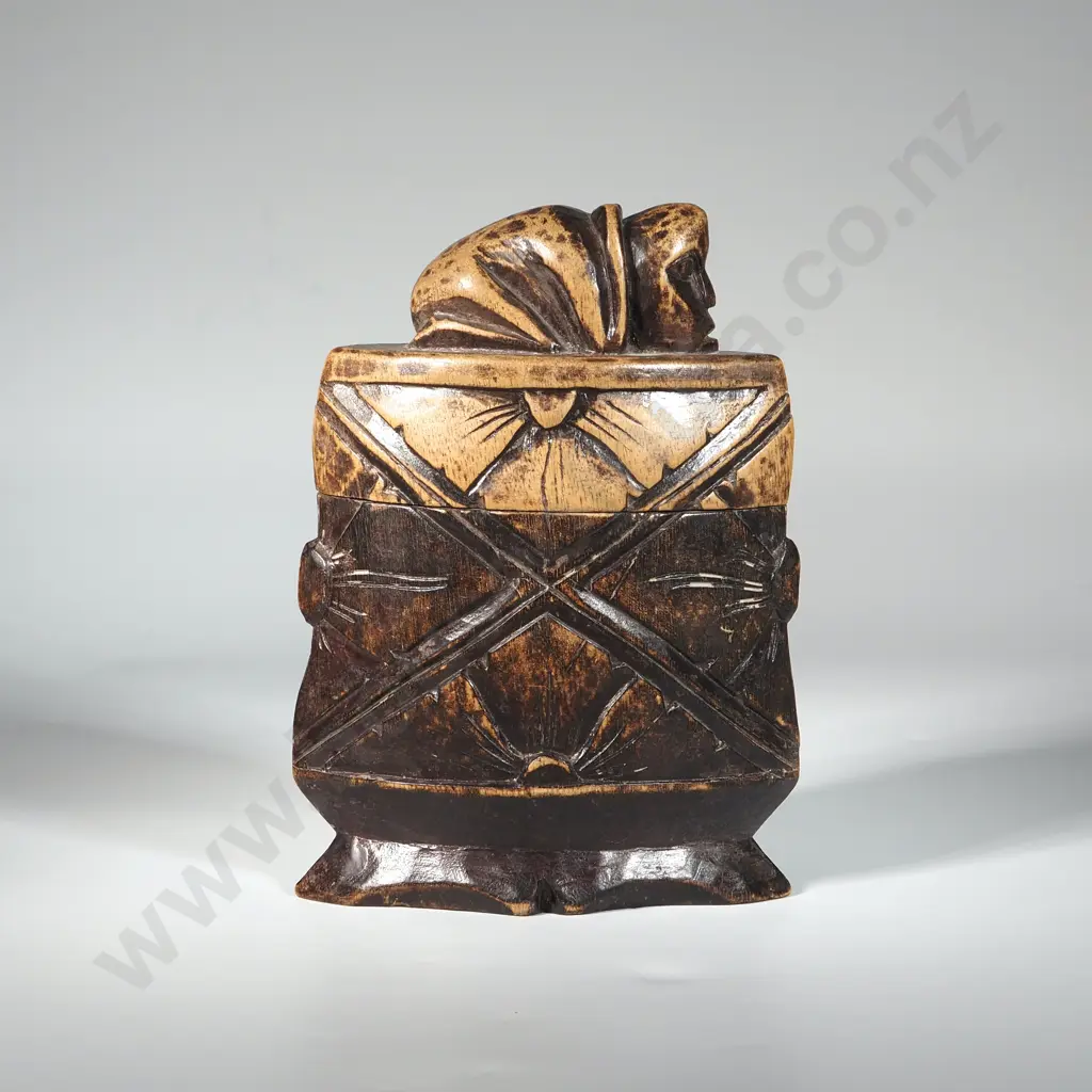 Vintage Hard Carved Wooden Storage Box With Crouching Figure Handle. Possibly Indonesian & For Medicine Image 1++