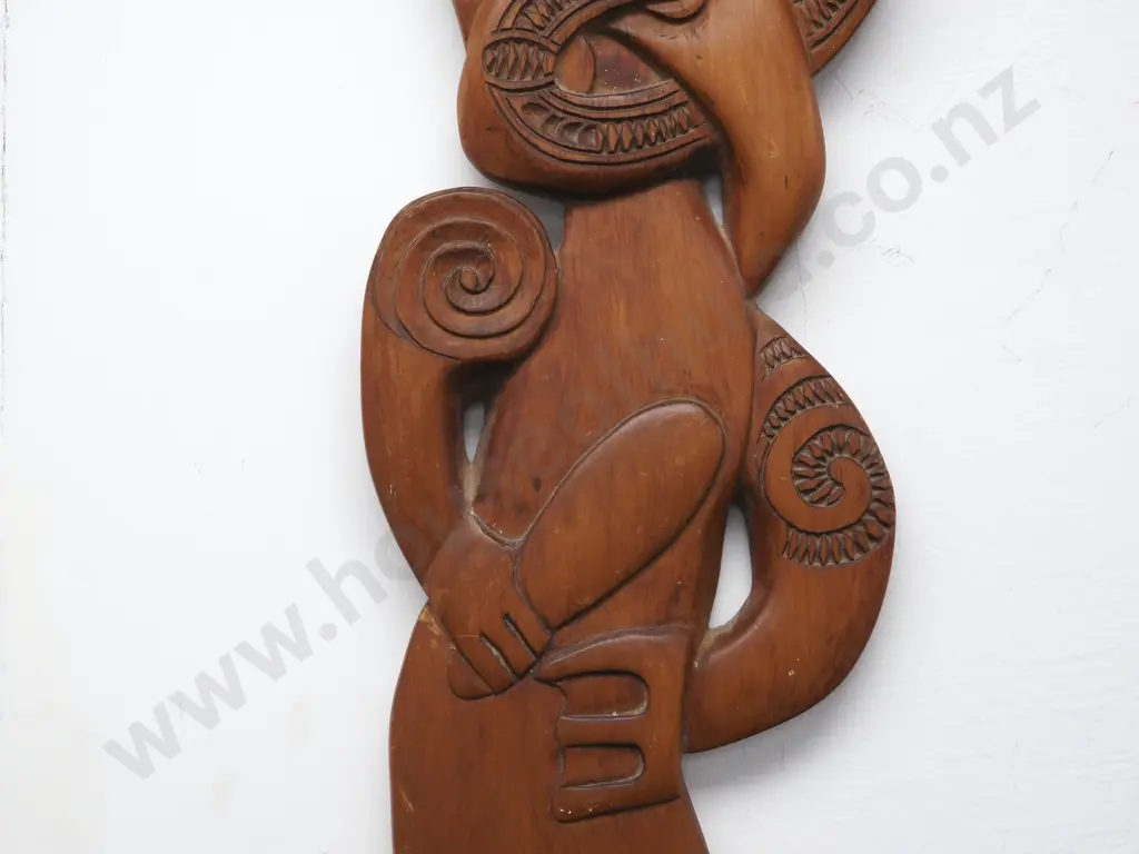 Maori Wood Carving - Teko Teko Or A Manaia with Paua Shell Eyes Image 1++