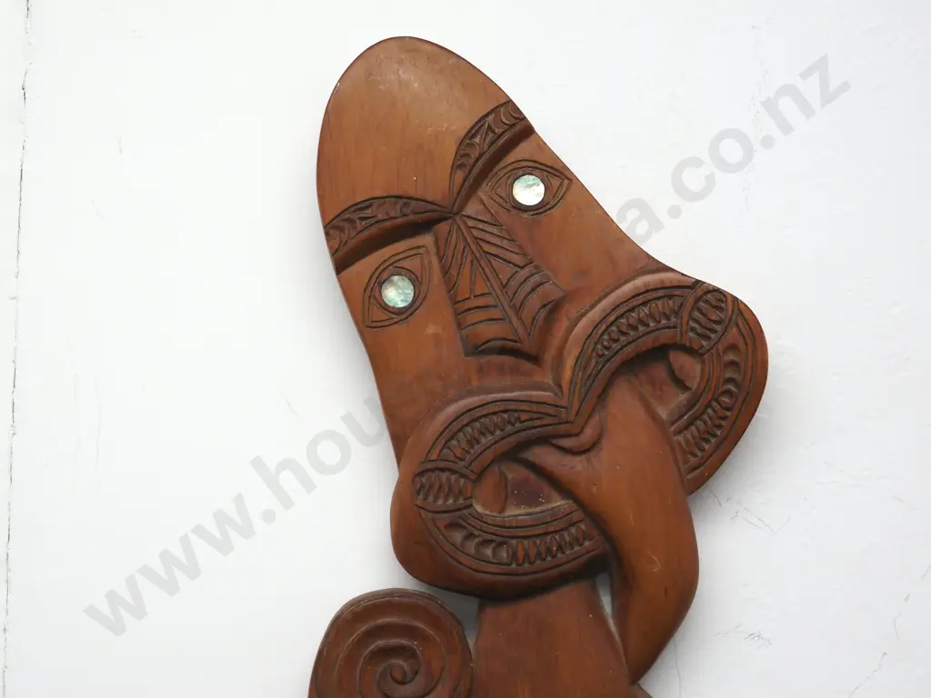 Maori Wood Carving - Teko Teko Or A Manaia with Paua Shell Eyes Image 1++