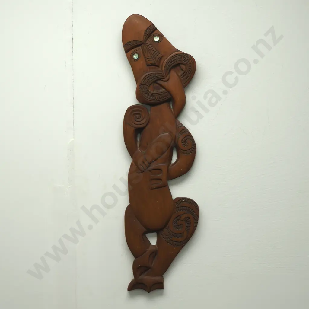 Maori Wood Carving - Teko Teko Or A Manaia with Paua Shell Eyes Image 1++