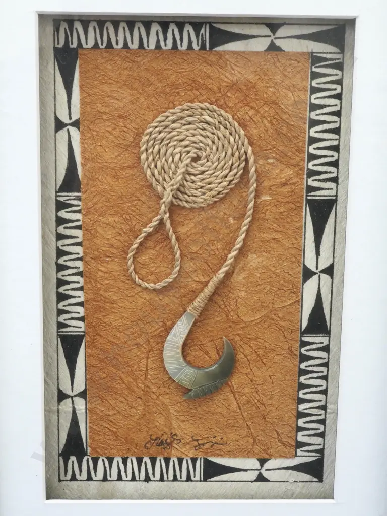 Framed Mother Of Pearl Fish Hook & Coconut Fibre Artwork Set On Bark Cloth (Tapas) Image 1++