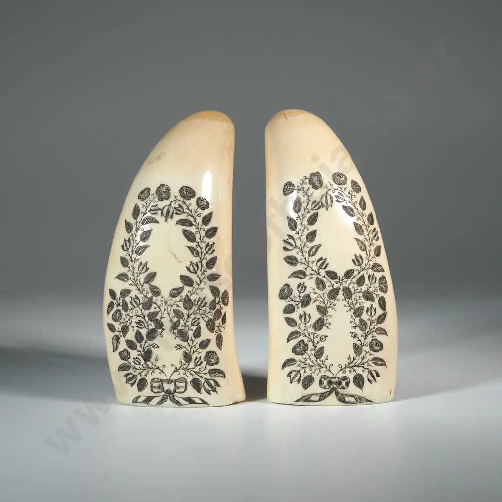 Pair Of Scrimshaw On Whales Teeth With  Later Decoration Of Allover Decoration Of Leaves & Flowers Image 1++