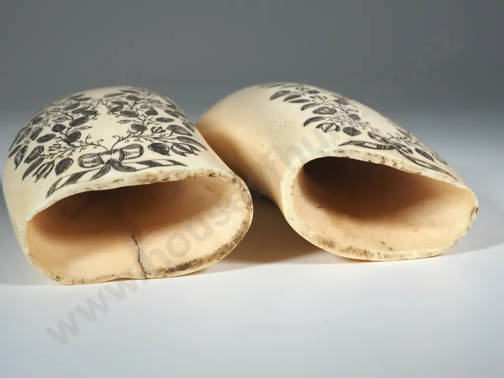 Pair Of Scrimshaw On Whales Teeth With  Later Decoration Of Allover Decoration Of Leaves & Flowers Image 1++