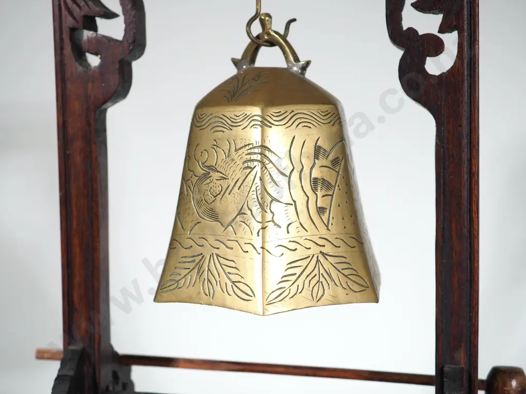 Oriental Suspended Brass Bell in Ornate Wooden Frame w Mallet Image 1++