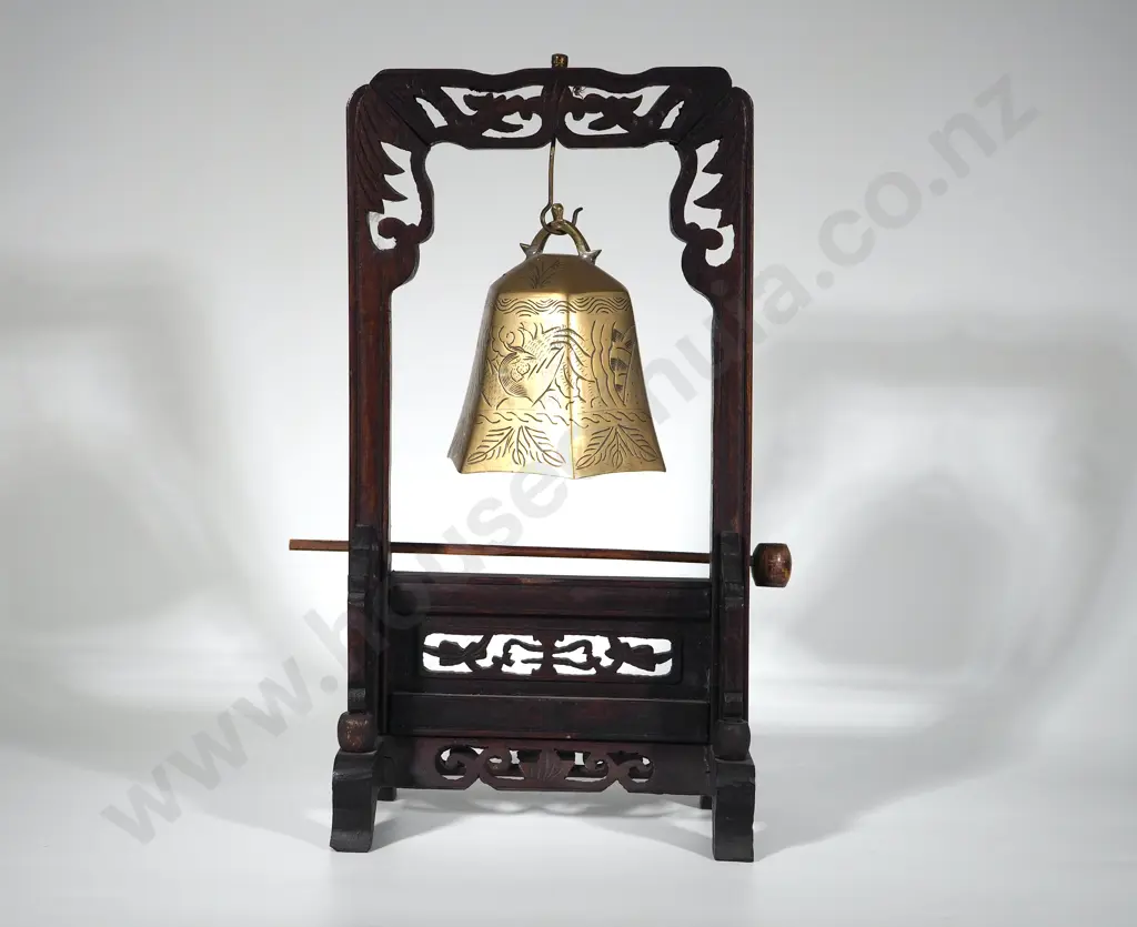 Oriental Suspended Brass Bell in Ornate Wooden Frame w Mallet Image 1++