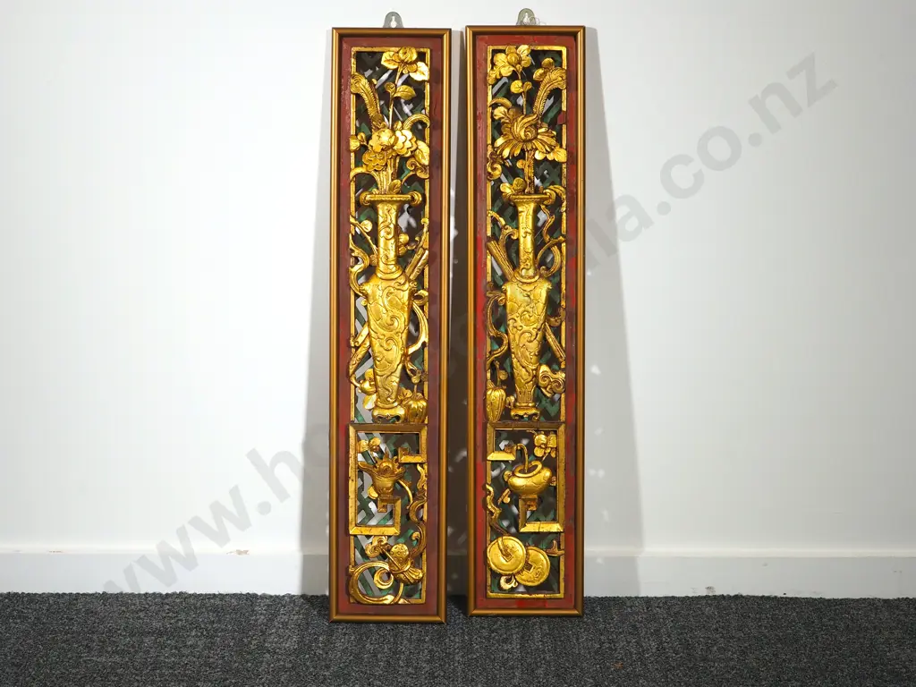 Pair of Decorative Red & Gold Oriental Wall Plaques in Gilded Wood Image 1++
