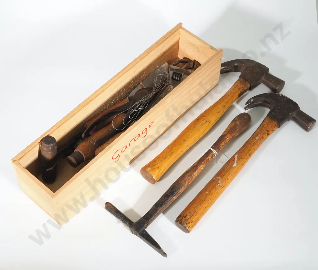 Wooden Wine Box w Assorted Vintage Tools incl Three Hammers, Wrench, Drill etc.. Image 1++