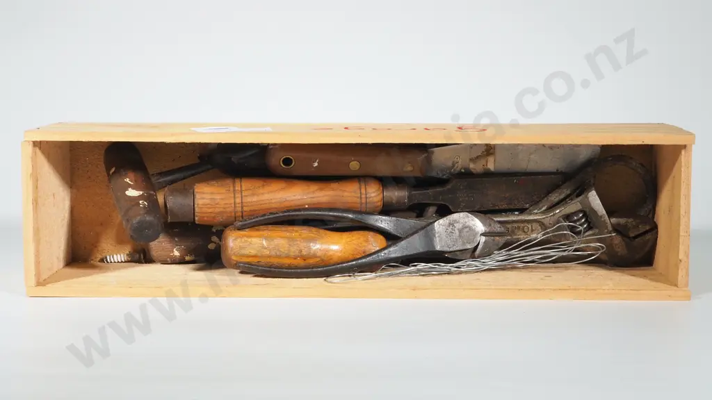 Wooden Wine Box w Assorted Vintage Tools incl Three Hammers, Wrench, Drill etc.. Image 1++